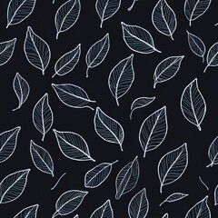 Obraz premium Elegant Dark Blue Leaf Pattern: A Seamless Design of Delicate White Leaves