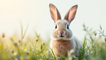 Cute rabbit in sunlit meadow with greenery and flowers