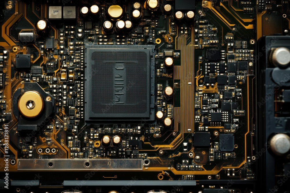 Poster close up of electronic circuit board with central microchip and components. technology and innovatio