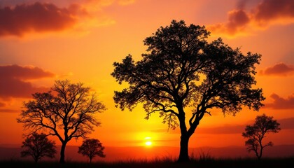 Fototapeta premium Silhouetted trees against vibrant sunset sky with orange clouds
