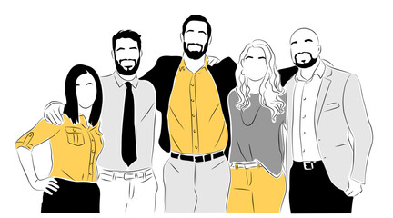 Business team members standing together and supporting each other. Men and women in formal office outfit. Vector colored yellow and black linear illustration isolated
