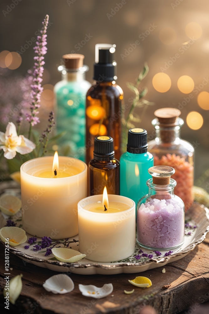 Poster elegant display of aromatic candles and essential oils in a serene setting during golden hour