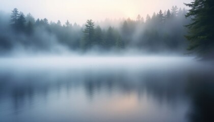 Fototapeta premium Serene misty forest with foggy lake at sunrise
