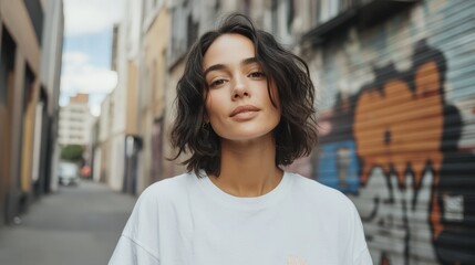 In this image, there is a person standing outdoors, wearing a white t-shirt and hairstyle, captured from a side perspective with urban graffiti in the background.