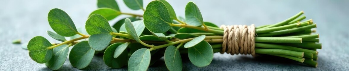 A bundle of fresh eucalyptus branches tied with twine, nature, bouquet, floral