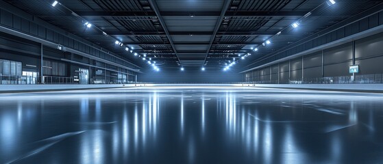 Fototapeta premium Empty Ice Rink with Soft Blue Lighting and Reflections