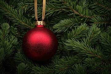 Shiny red ornament hanging among lush evergreen branches evokes
