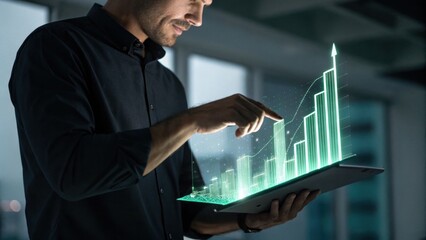Growth in Sight: A man in a black shirt is using a digital tablet with a glowing growth graph, symbolizing success in business and technological innovation.