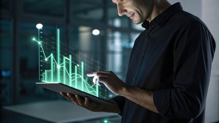 Digital Insights: A focused businessman reviews a tablet projecting a dynamic green line graph, symbolizing growth and success in a modern office setting. 