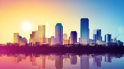 Fototapeta premium Oklahoma City skyline silhouette with reflection in the water. Urban landscape of Oklahoma with iconic buildings, landmarks, and the city's skyline viewed in vector style illustration.