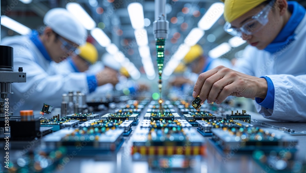 Poster skilled workers assemble electronic components in a high-tech factory setting during the day