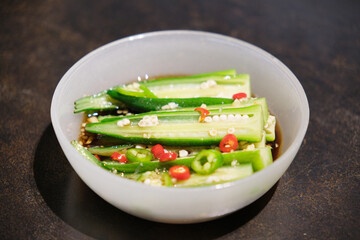 spicy Okra cuisine close up. Chinese food