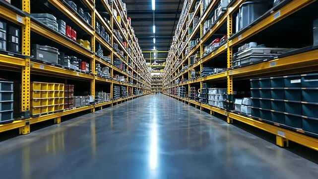 A panoramic view of an auto parts inventory room, showcasing uniform rows of shelves filled with diverse components, from gaskets to alternators