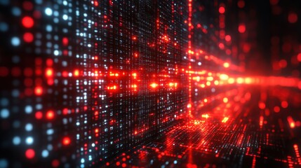 Red Data Stream. Digital network. Computer code background. Transfer of data. Binary system. Cyber security concept. Machine learning and artificial intelligence.