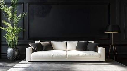Elegant Modern Living Room Interior Design: White Sofa, Black Walls, and Stylish Accents