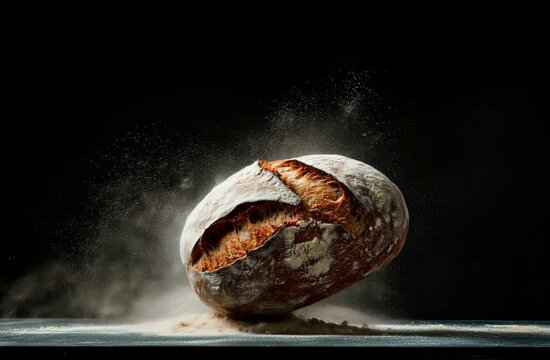 Loaf of rustic bread flying with flour isolated on black