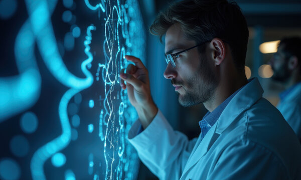 Scientist Analyzing Blue Data Interface - AI & Machine Learning - Powered by Adobe
