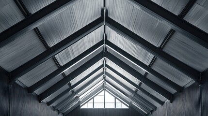 Fototapeta premium Low-angle view of a triangular metal roof structure with a small window at the apex.