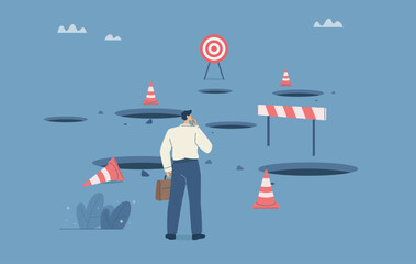 Business obstacles, pitfalls, Analysis of ways to avoid business failure, Risk of economic crisis, Businessman thinking of solving many traps and obstacles ahead, Flat vector design illustration.