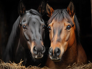 Horses looking out from a stable in a rural setting