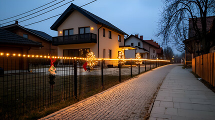 Illuminated Suburban Street at Night with Festive Lights