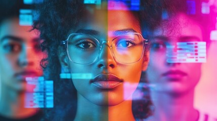 Three women surrounded by technological data and colored lights
