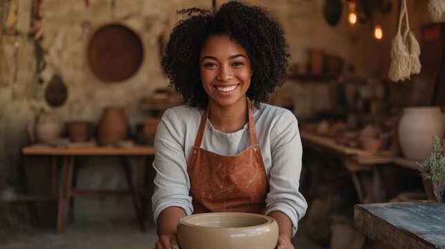 Happy young Black woman in apron crafts pottery in a cozy studio