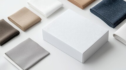 Assorted fabric samples and a white box arranged on a clean, minimalist surface, showcasing texture variety.