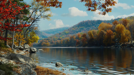 Obraz premium Breathtaking Lake Surrounded by Fall Foliage and Mountains