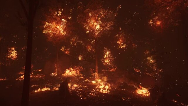 Devastating wildfire in the forest. Majestic trees on fire.