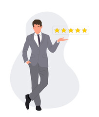 Business man leave five star rating and service satisfaction feedback. Young man in formal suit give a review rating and feedback. Vector realistic Illustration isolated 