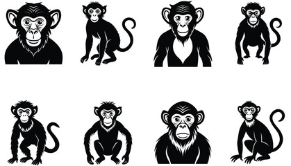 Gorilla with earring in sunglasses - outline cut out silhouette. Ape, monkey head character mascot. silhouette of wild monkey icon set. Bundle. 