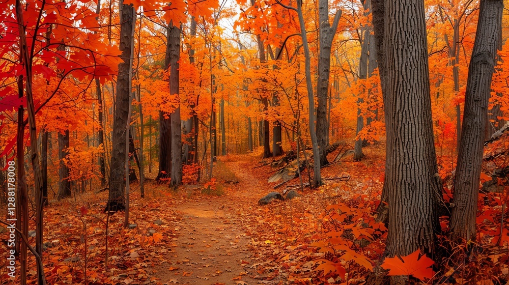 Poster a path through a forest with red and orange leaves on the trees and ground.