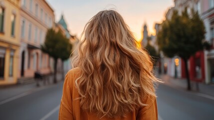 Long-haired woman standing by a roadside.