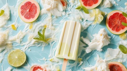 The refreshing summer popsicle is surrounded by vibrant fruit slices