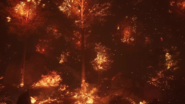Close-up of horrifying fire in the forest and blazing trees in the dark.