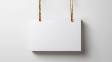 Blank white sign hanging on a rope against a white wall, ready for your custom text or graphic design.
