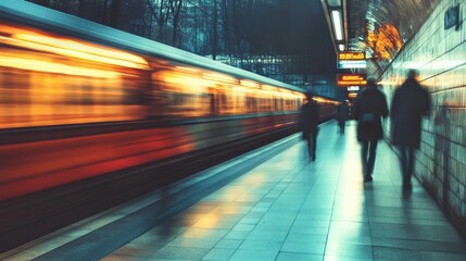 High-speed train in motion at an urban metro station, with blurred commuters walking along the platform, reflecting artificial lighting and a warm, dynamic ambiance of city transportation.
