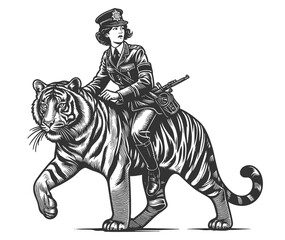 fierce female police officer in uniform riding a massive, roaring tiger, blending fantasy and authority sketch engraving generative ai raster illustration. Scratch board. Black and white image.