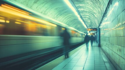 Blurred motion of commuters walking along a dimly lit underground metro platform as a speeding train arrives, capturing the dynamic energy and movement of urban public transportation.

