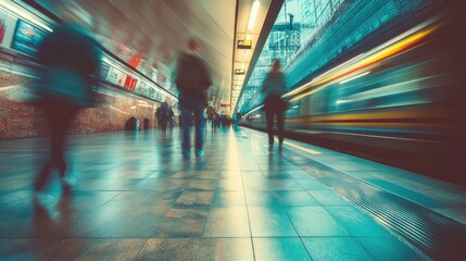 Blurred motion of commuters walking along a dimly lit underground metro platform as a speeding train arrives, capturing the dynamic energy and movement of urban public transportation.

