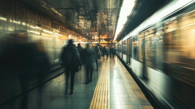 Blurred motion of commuters walking along a dimly lit underground metro platform as a speeding train arrives, capturing the dynamic energy and movement of urban public transportation.

