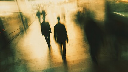 Surreal blurred vision of a crowded subway station corridor, where fast-moving commuters create ghostly silhouettes under artificial lighting, capturing the essence of urban transportation and daily 