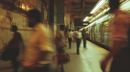 Vintage underground metro station with commuters walking along a dimly lit platform beside an old train, featuring warm golden lighting, ornate architecture, and a nostalgic atmosphere.