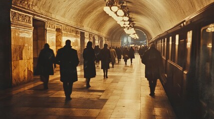 Vintage underground metro station with commuters walking along a dimly lit platform beside an old train, featuring warm golden lighting, ornate architecture, and a nostalgic atmosphere.