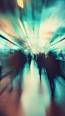 Surreal blurred vision of a crowded subway station corridor, where fast-moving commuters create ghostly silhouettes under artificial lighting, capturing the essence of urban transportation and daily 