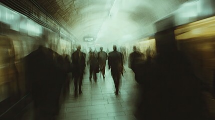 Surreal blurred vision of a crowded subway station corridor, where fast-moving commuters create ghostly silhouettes under artificial lighting, capturing the essence of urban transportation 
