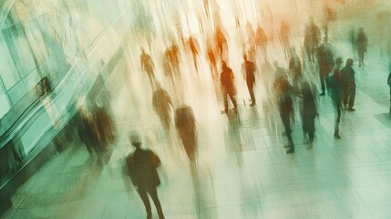 Surreal blurred vision of a crowded subway station corridor, where fast-moving commuters create ghostly silhouettes under artificial lighting, capturing the essence of urban transportation 