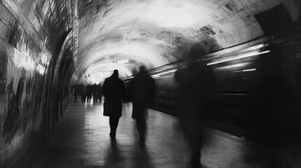 Surreal blurred vision of a crowded subway station corridor, where fast-moving commuters create ghostly silhouettes under artificial lighting, capturing the essence of urban transportation and daily 