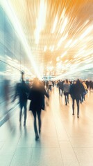 Abstract motion-blurred scene of commuters walking through a futuristic underground subway station with sleek, curved ceilings and bright artificial lighting, creating a fast-paced urban atmosphere.